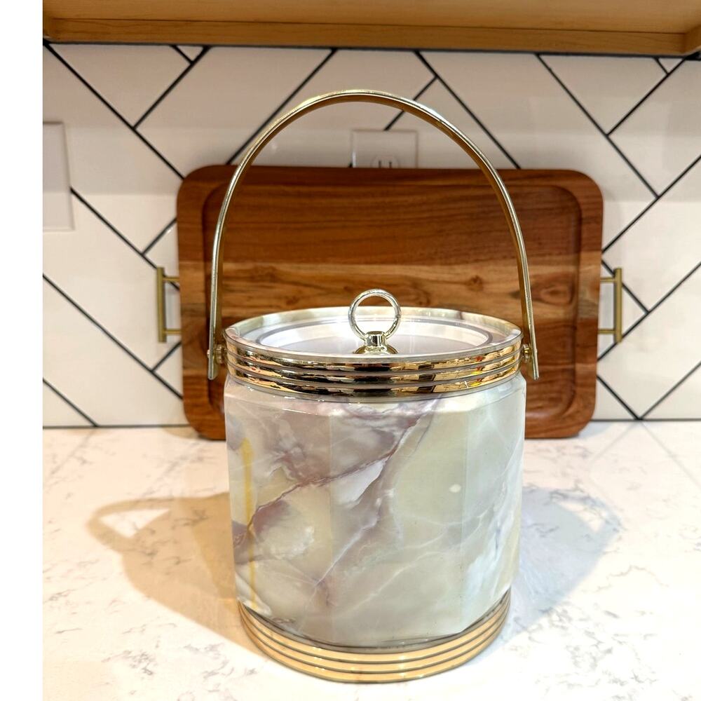 vintage mid-century modern insulated ice bucket faux-marble vinyl outer finish - Picture 2 of 15